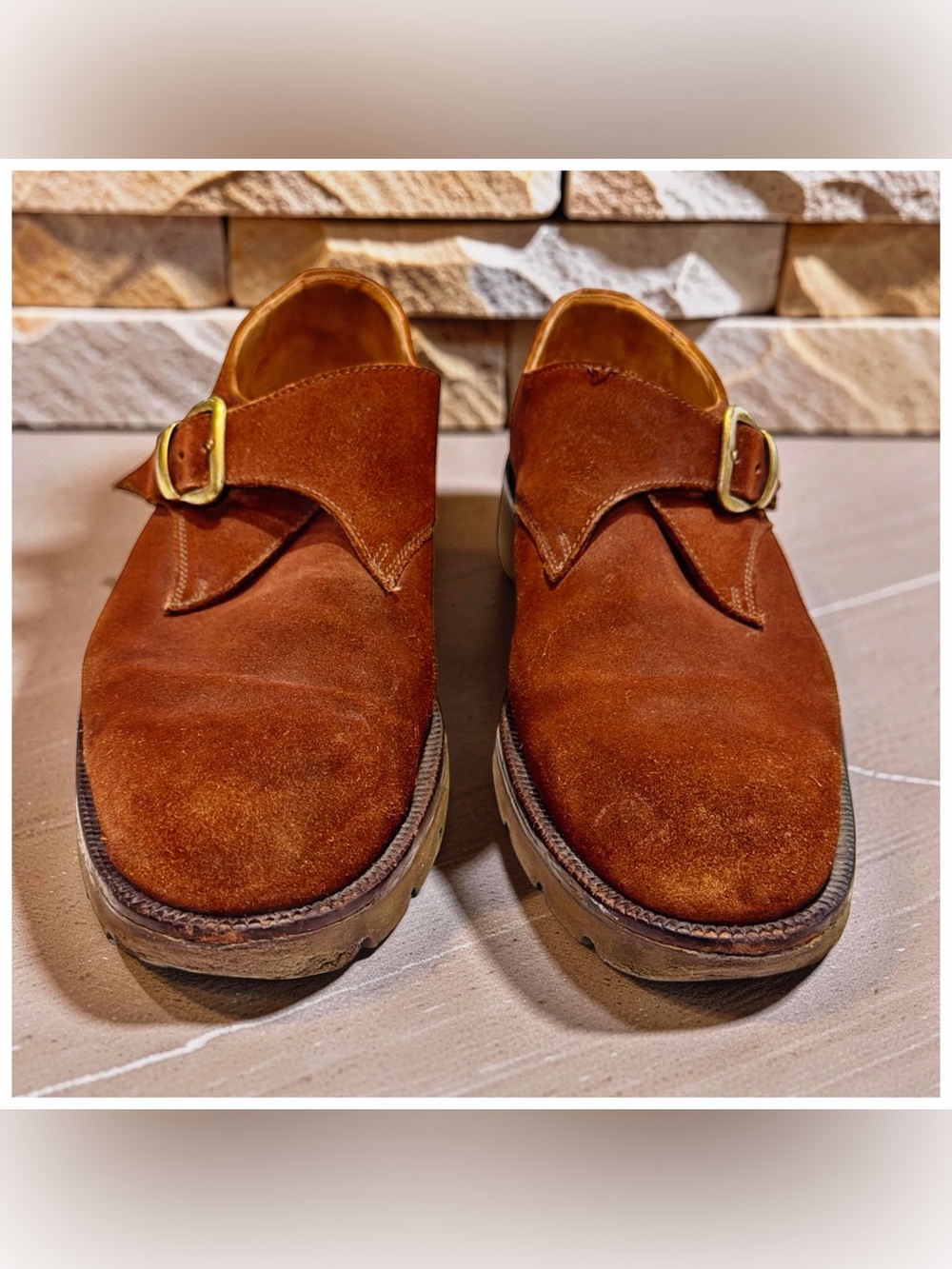 Charles Jourdan Men’s Suede Monk Strap Shoes Cognac Brown Lug Sole Luxury 10.5